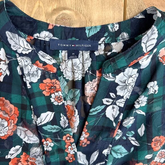Tommy Hilfiger Blue Floral Flowy Sheer Chiffon Tunic‎ Blouse Sz M - Picture 6 of 7